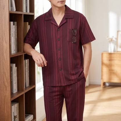 Loungewear-Set aus Baumwolle mit burgunderfarbenen vertikalen Streifen - image 1