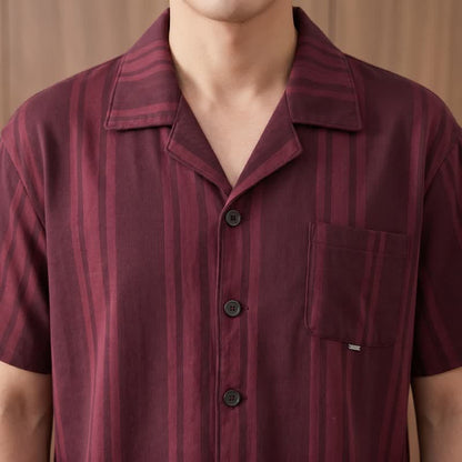 Loungewear-Set aus Baumwolle mit burgunderfarbenen vertikalen Streifen - image 4