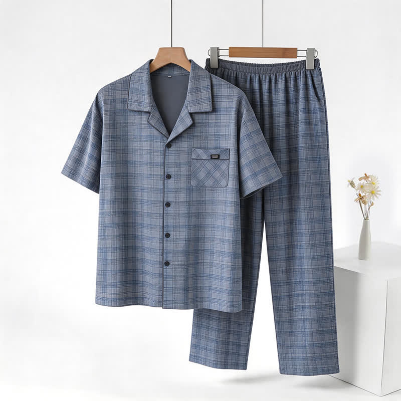 Loungewear-Set aus blau-grau karierter Baumwolle mit Knöpfen - Blau - 3XL - image 0