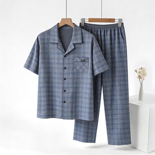 Loungewear-Set aus blau-grau karierter Baumwolle mit Knöpfen - Blau - 3XL - image 0