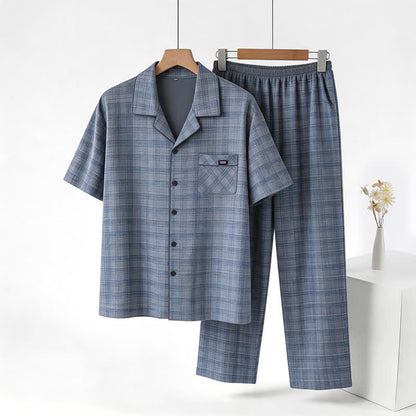 Loungewear-Set aus blau-grau karierter Baumwolle mit Knöpfen - Blau - 3XL - image 0