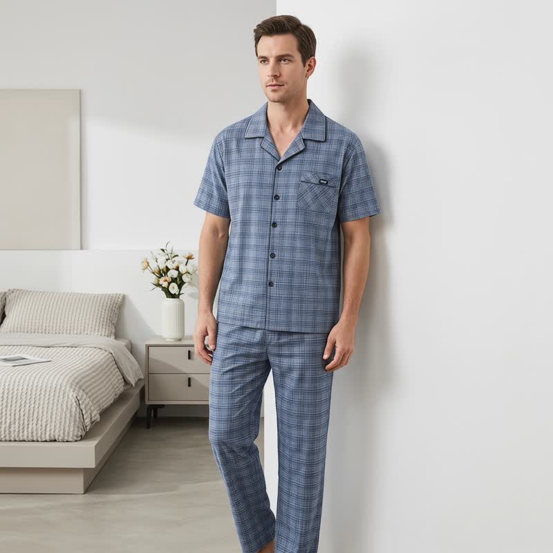 Loungewear-Set aus blau-grau karierter Baumwolle mit Knöpfen - image 2