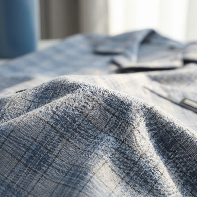 Loungewear-Set aus blau-grau karierter Baumwolle mit Knöpfen - image 7