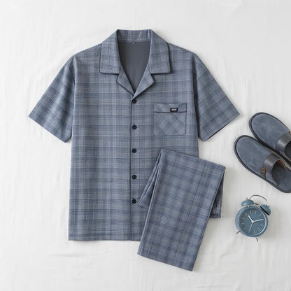 Loungewear-Set aus blau-grau karierter Baumwolle mit Knöpfen - image 1