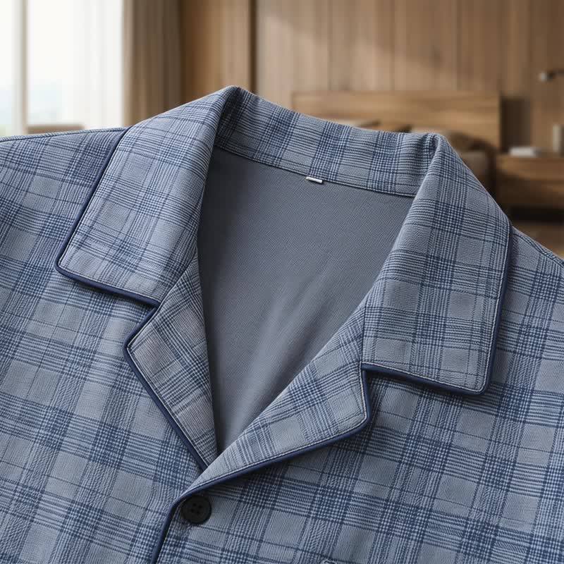 Loungewear-Set aus blau-grau karierter Baumwolle mit Knöpfen - image 5