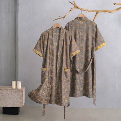 Taupe-gelber Kimono-Bademantel mit Vintage-Blumenmuster - XL - image 0