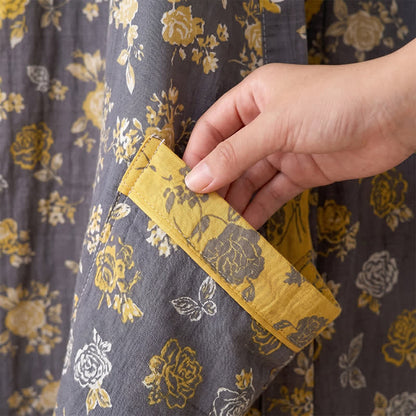 Taupe-gelber Kimono-Bademantel mit Vintage-Blumenmuster - image 6