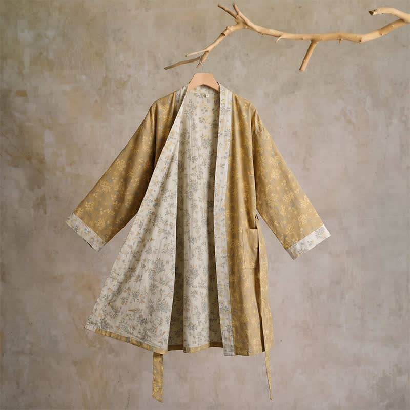 Wendbarer Kimono-Bademantel aus Baumwolle mit Blumenmuster - L - Gelb - image 1