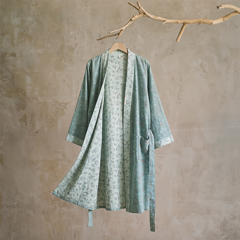 Wendbarer Kimono-Bademantel aus Baumwolle mit Blumenmuster - L - Blau - image 9
