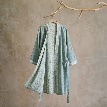 Wendbarer Kimono-Bademantel aus Baumwolle mit Blumenmuster - L - Blau - image 9