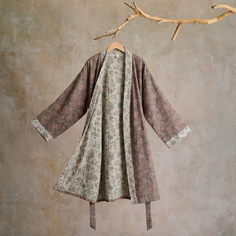 Wendbarer Kimono-Bademantel aus Baumwolle mit Blumenmuster - L - Grau - image 12