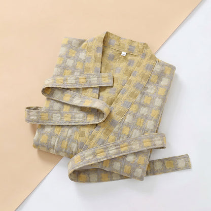 Kimono-Bademantel aus weicher, gelb-grau karierter Baumwolle - image 8