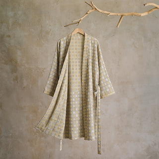 Kimono-Bademantel aus weicher, gelb-grau karierter Baumwolle - L - image 0