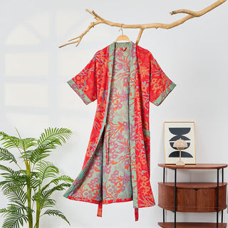 Kimono-Bademantel aus böhmischem Musselin mit Blumenmuster - Rot - 2XL - image 0