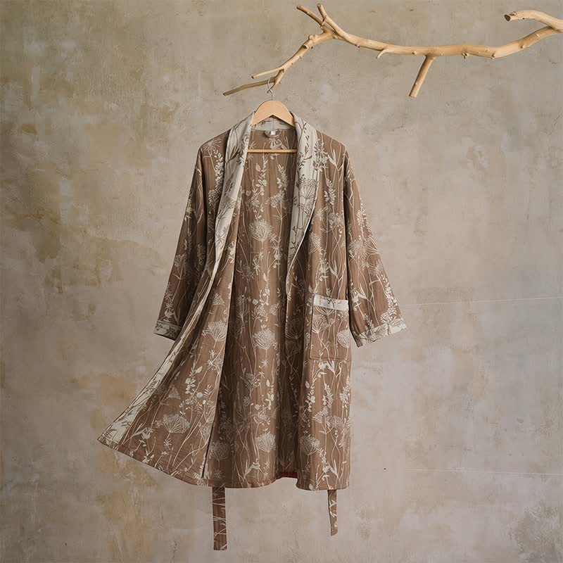 Vintage-Bademantel aus Baumwolle mit botanischem Flair (Doppelgaze) - Braun - XL - image 12
