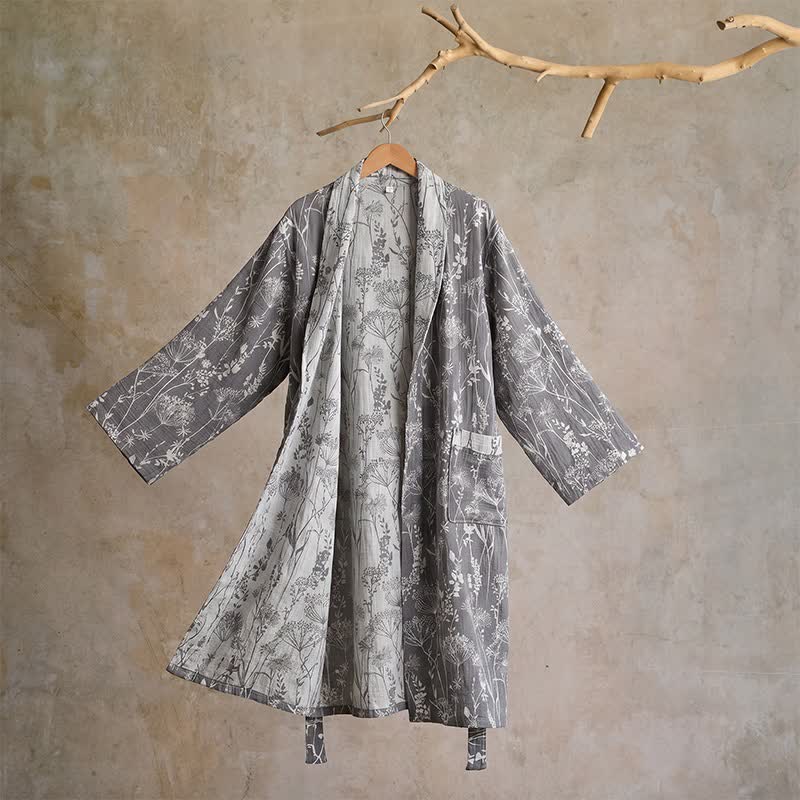 Vintage-Bademantel aus Baumwolle mit botanischem Flair (Doppelgaze) - Grau - XL - image 9