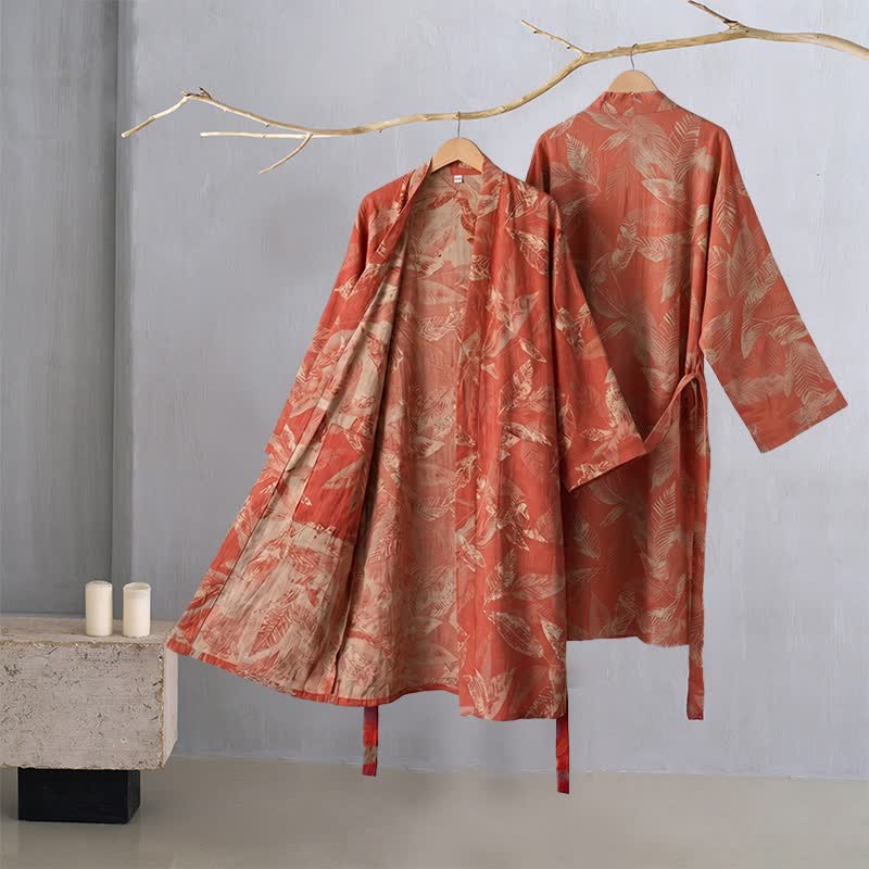 Kimono-Bademantel aus Baumwollgaze mit Korallenblattmuster - image 1