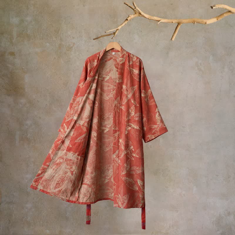 Kimono-Bademantel aus Baumwollgaze mit Korallenblattmuster - Rot - XL - image 0