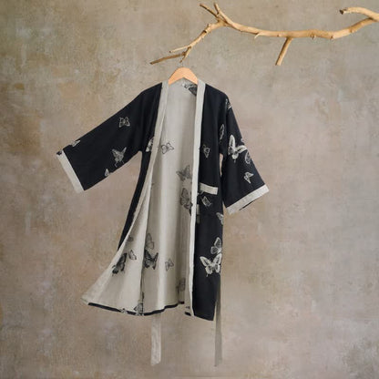Kimono-Bademantel aus reiner Baumwolle mit Schmetterlingsmotiv - Schwarz - 2XL - image 0