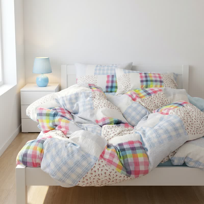 Bettwäsche-Set aus Baumwolle mit Regenbogenkaro-Patchwork-Blumenmuster (4-teilig) - image 4