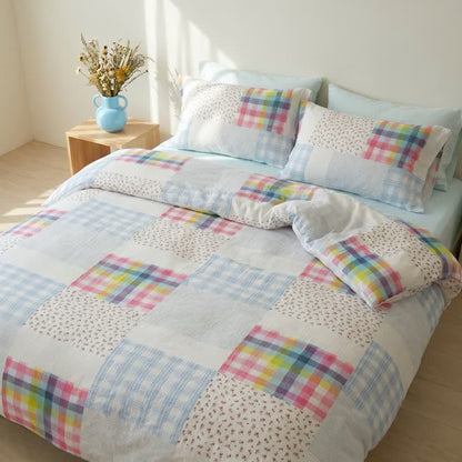 Bettwäsche-Set aus Baumwolle mit Regenbogenkaro-Patchwork-Blumenmuster (4-teilig) - image 2