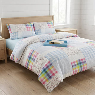 Bettwäsche-Set aus Baumwolle mit Regenbogenkaro-Patchwork-Blumenmuster (4-teilig) - König - Spannbettlaken - image 0