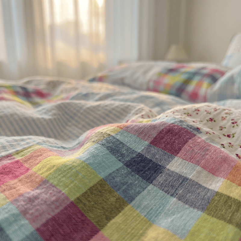 Bettwäsche-Set aus Baumwolle mit Regenbogenkaro-Patchwork-Blumenmuster (4-teilig) - image 6