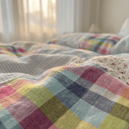 Bettwäsche-Set aus Baumwolle mit Regenbogenkaro-Patchwork-Blumenmuster (4-teilig) - image 6