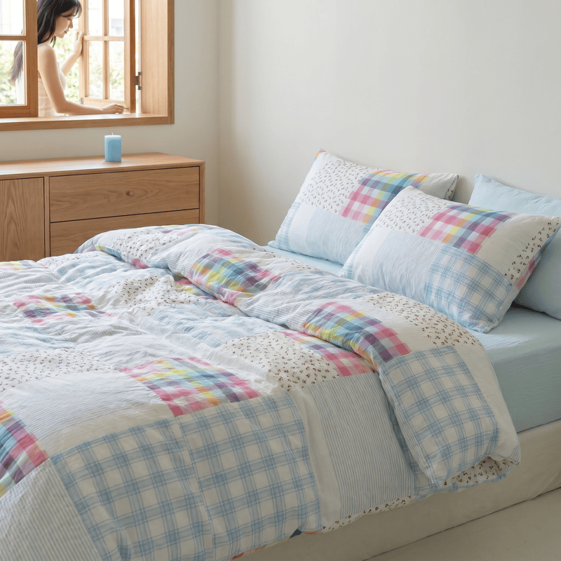 Bettwäsche-Set aus Baumwolle mit Regenbogenkaro-Patchwork-Blumenmuster (4-teilig) - image 3