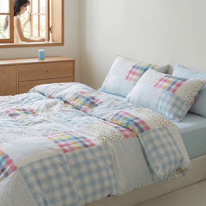 Bettwäsche-Set aus Baumwolle mit Regenbogenkaro-Patchwork-Blumenmuster (4-teilig) - image 3