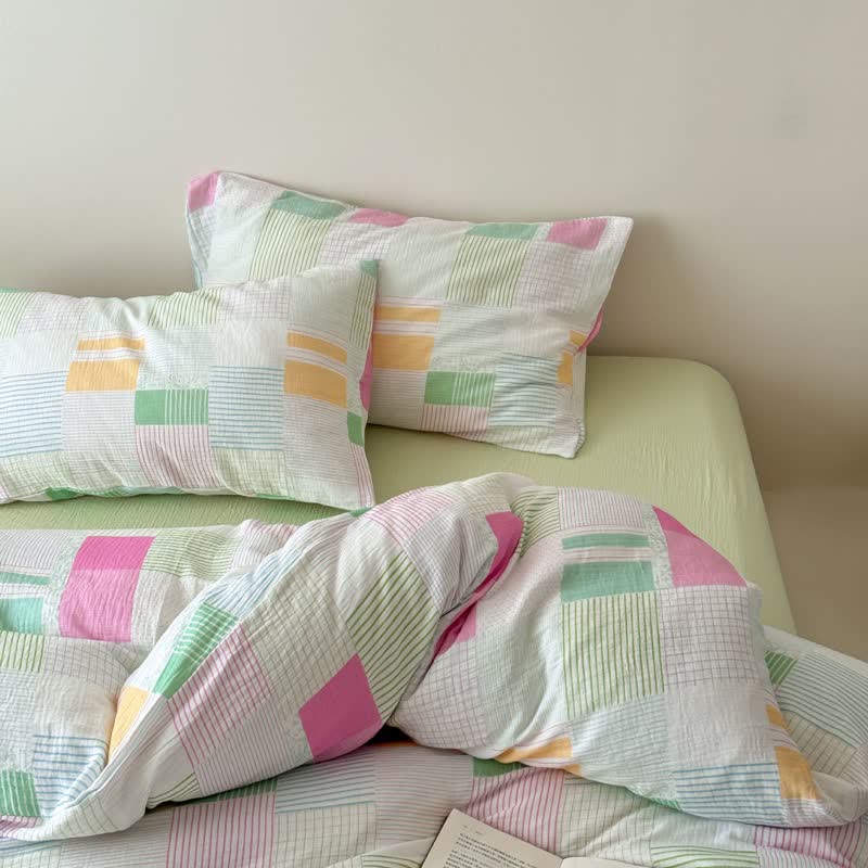 Mehrfarbiges Patchwork-Bettwäscheset aus Baumwolle im Pastell-Look (4-teilig) - Grün - Spannbettlaken - König - image 8