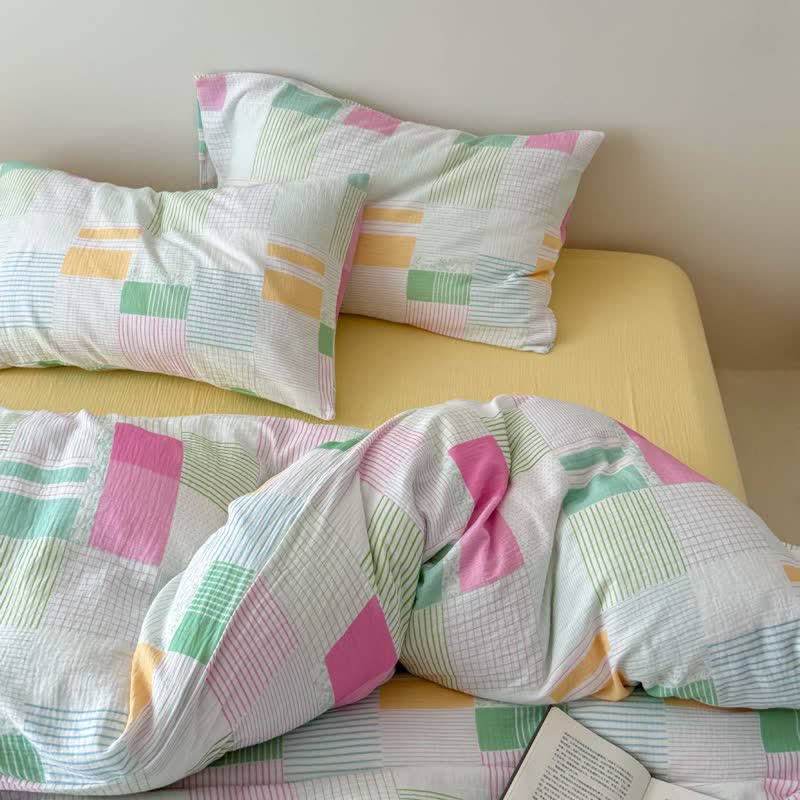 Mehrfarbiges Patchwork-Bettwäscheset aus Baumwolle im Pastell-Look (4-teilig) - Gelb - Spannbettlaken - König - image 7