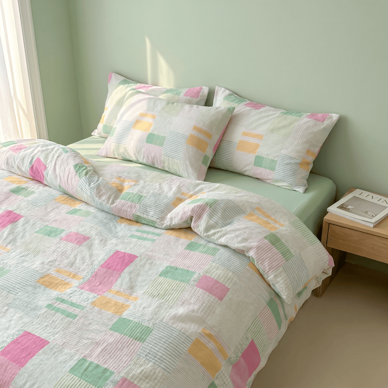 Mehrfarbiges Patchwork-Bettwäscheset aus Baumwolle im Pastell-Look (4-teilig) - image 2