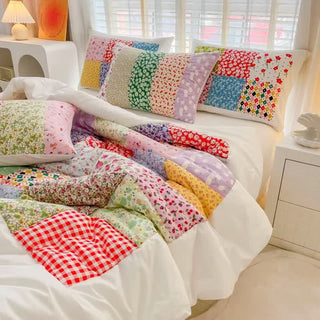 Buntes Patchwork-Bettwäscheset aus Baumwolle mit Blumenmuster - Weiß - 4-teiliges Bettwäscheset - Königin - image 0