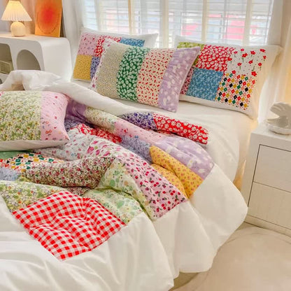Buntes Patchwork-Bettwäscheset aus Baumwolle mit Blumenmuster - Weiß - 4-teiliges Bettwäscheset - Königin - image 0