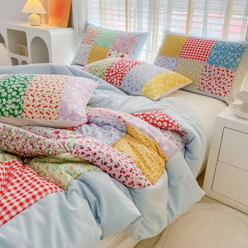 Buntes Patchwork-Bettwäscheset aus Baumwolle mit Blumenmuster - Blau - 4-teiliges Bettwäscheset - Königin - image 4
