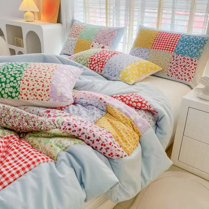 Buntes Patchwork-Bettwäscheset aus Baumwolle mit Blumenmuster - Blau - 4-teiliges Bettwäscheset - Königin - image 4