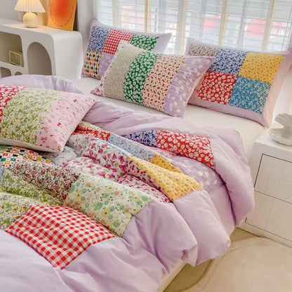 Buntes Patchwork-Bettwäscheset aus Baumwolle mit Blumenmuster - Lila - 4-teiliges Bettwäscheset - Königin - image 5