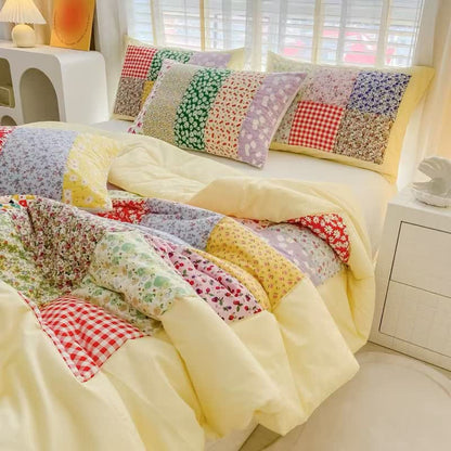 Buntes Patchwork-Bettwäscheset aus Baumwolle mit Blumenmuster - Gelb - 4-teiliges Bettwäscheset - Königin - image 6