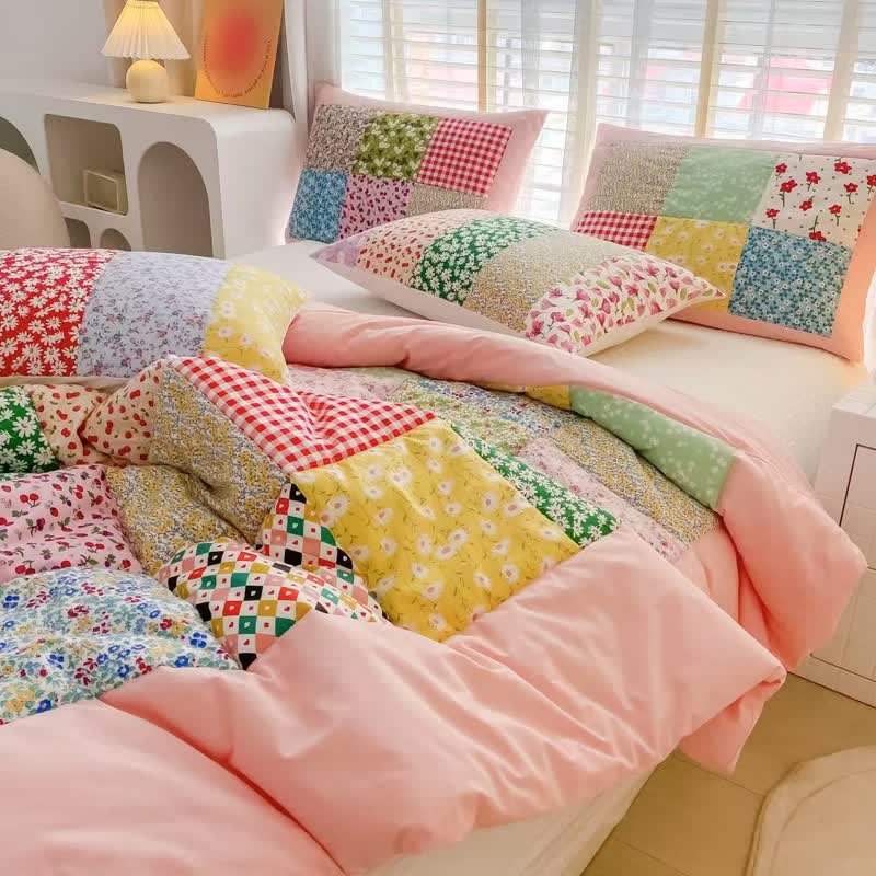 Buntes Patchwork-Bettwäscheset aus Baumwolle mit Blumenmuster - Rosa - 4-teiliges Bettwäscheset - Königin - image 7