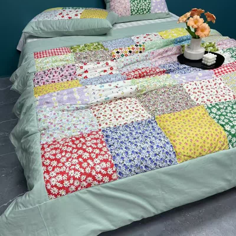 Buntes Patchwork-Bettwäscheset aus Baumwolle mit Blumenmuster - Bohnengrün - 4-teiliges Bettwäscheset - Königin - image 8