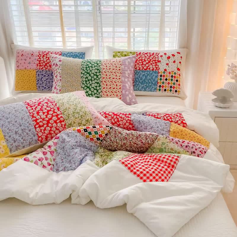 Buntes Patchwork-Bettwäscheset aus Baumwolle mit Blumenmuster - image 1