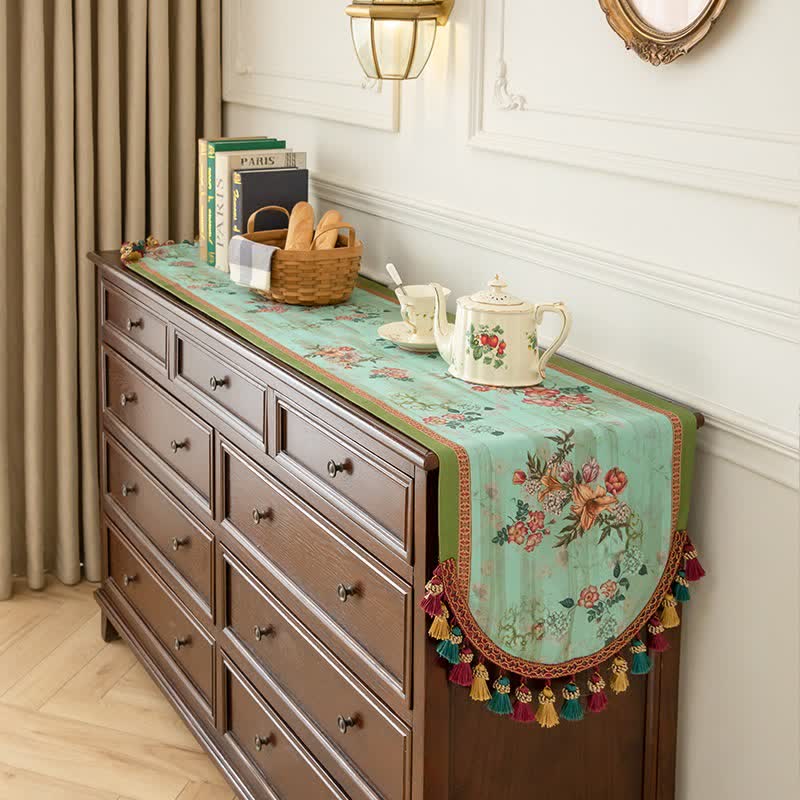Vintage Tischläufer mit grünem Blumenmuster und Quasten - Grün - 40cm x 260cm - image 0