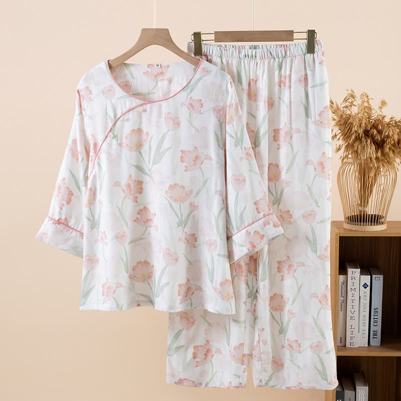 Damenpyjama aus Bambusfaser mit Tulpenmuster - Rosa - XL - image 0