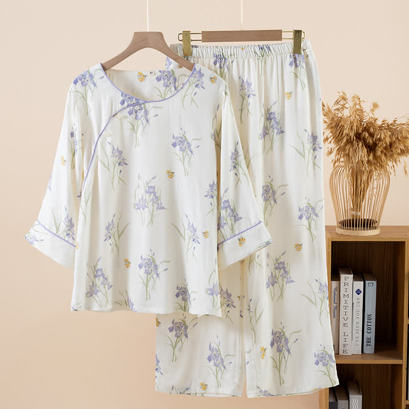 Damenpyjama mit Iris-Print aus Bambusfaser - Lila - XL - image 0