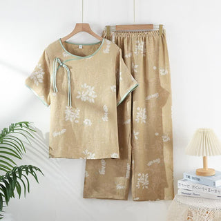Loungewear-Set aus Baumwolle mit Blumenmuster und chinesischem Knoten - Dunkelgelb - XL - image 0
