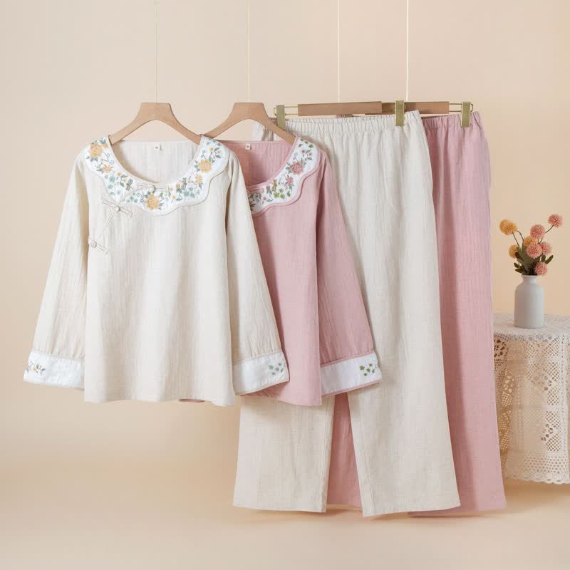 Damenpyjama aus Baumwoll-Leinen-Mischgewebe mit Blumenstickerei - image 0