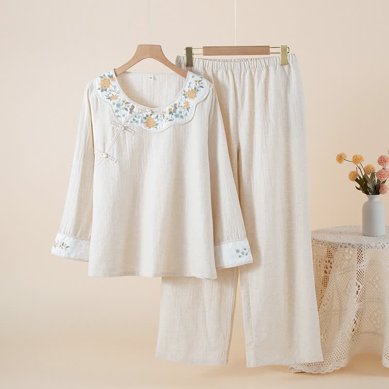 Damenpyjama aus Baumwoll-Leinen-Mischgewebe mit Blumenstickerei - Beige - XL - image 3