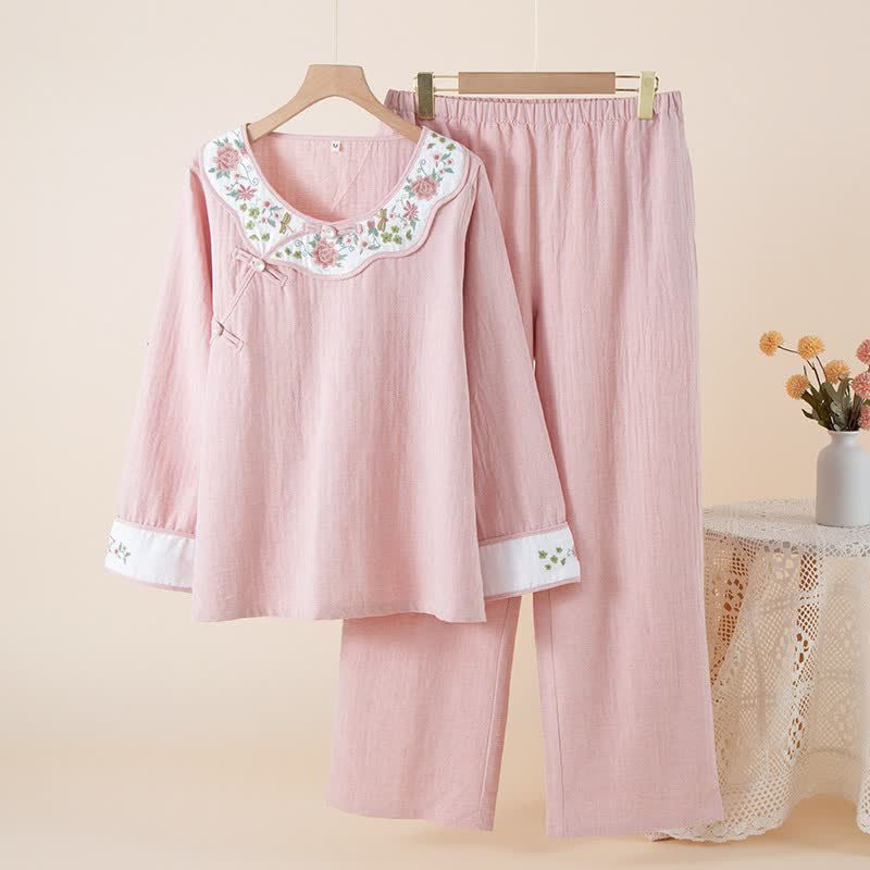 Damenpyjama aus Baumwoll-Leinen-Mischgewebe mit Blumenstickerei - Rosa - XL - image 15