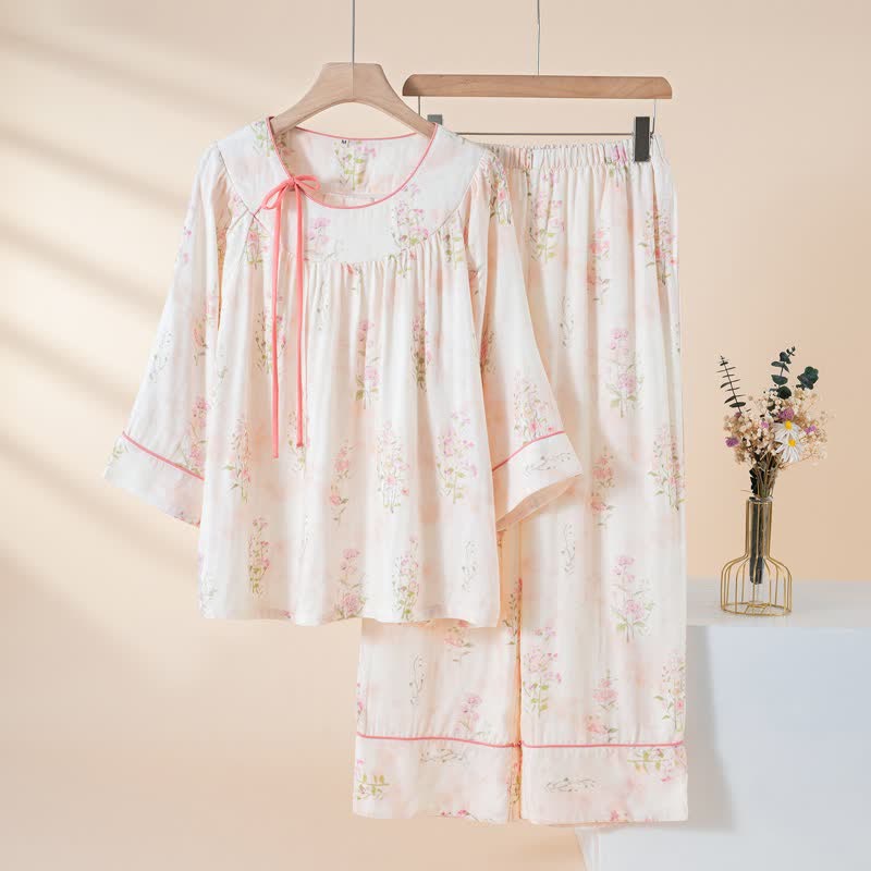 Pyjama mit Blumenmuster aus Bambus-Baumwolle mit Bindeband am Hals - Rosa - XXL - image 2